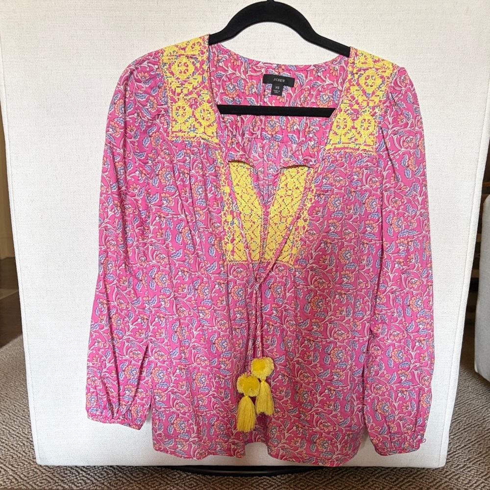 J. Crew Pink Floral Tunic Blouse with Yellow Embroidery